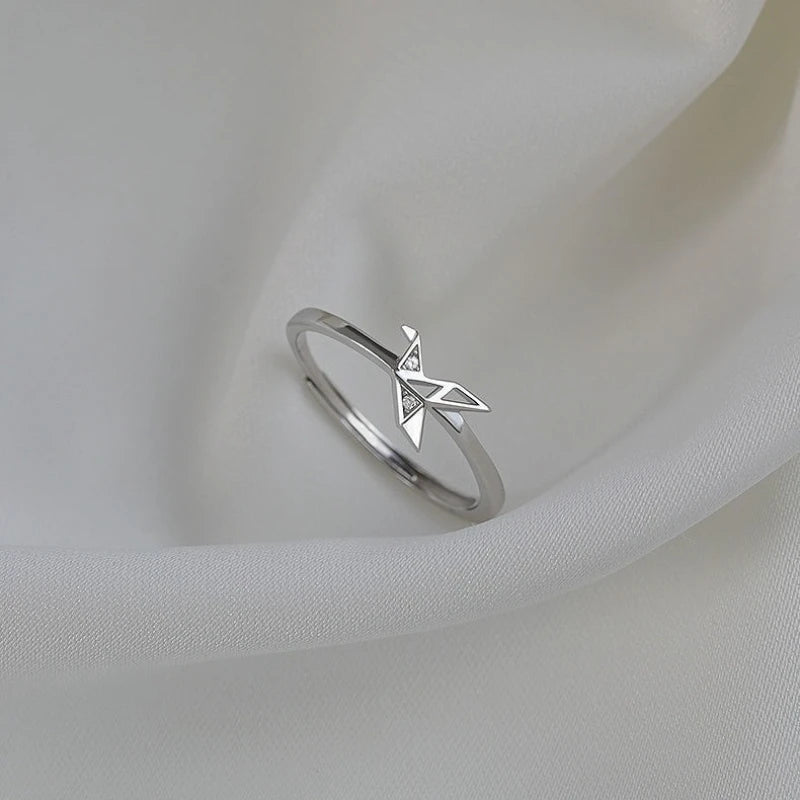 Glamorous 925 Sterling Silver Adjustable Tiny Zircon Folded Paper Crane Ring for Woman Girls Geometry Jewelry Accessories Gifts