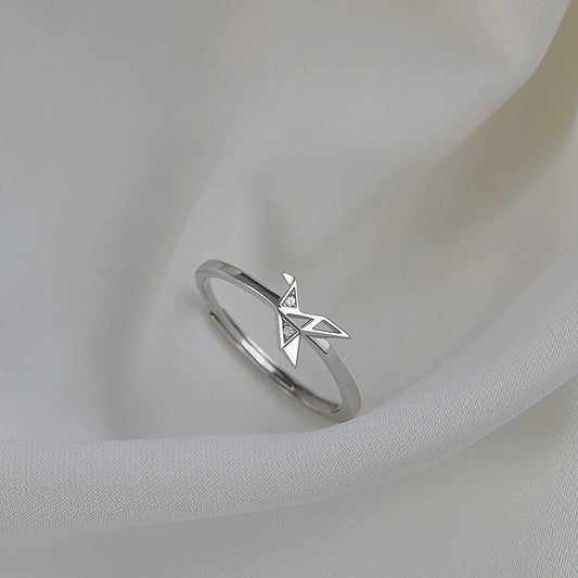 Glamorous 925 Sterling Silver Adjustable Tiny Zircon Folded Paper Crane Ring for Woman Girls Geometry Jewelry Accessories Gifts